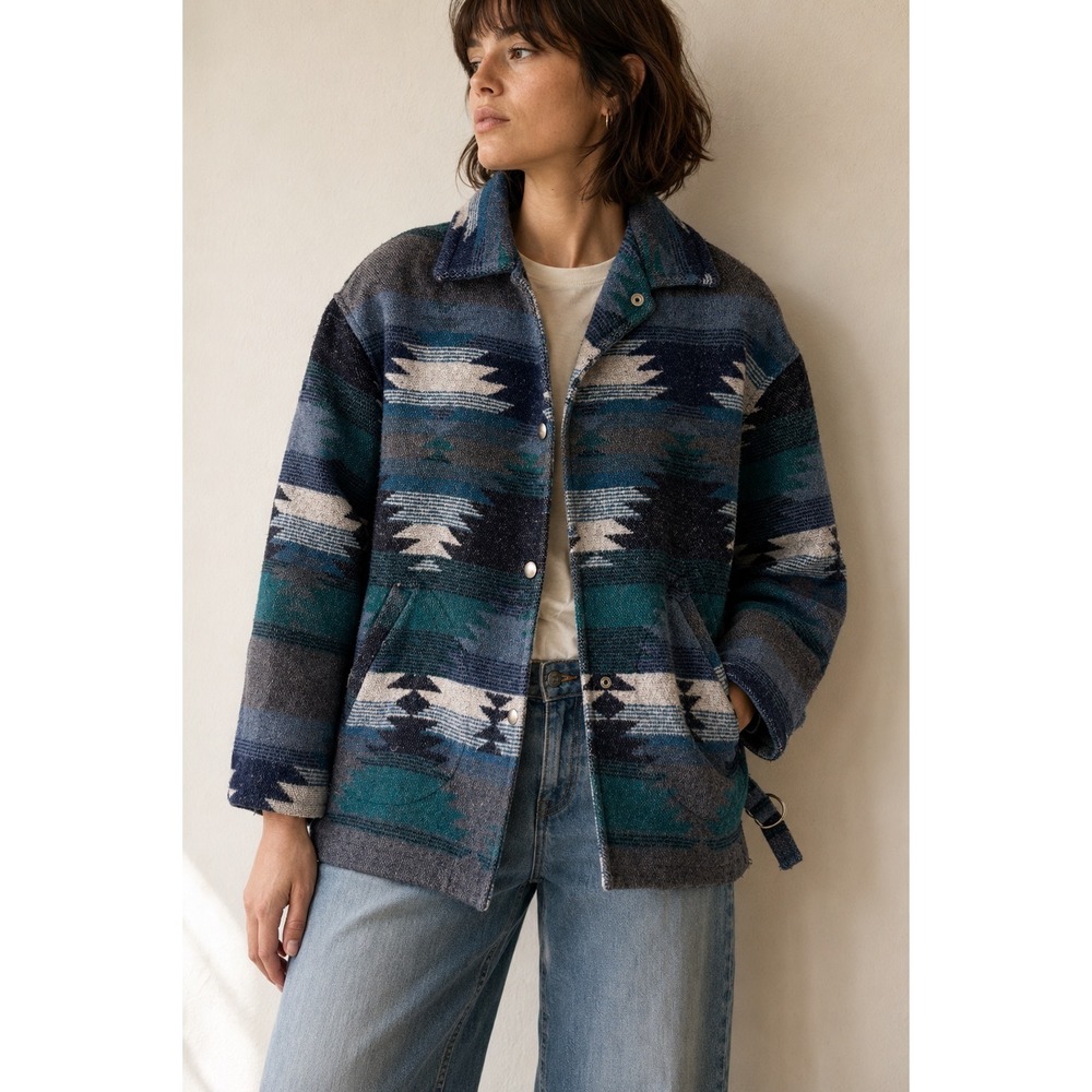Vintage Braetan Southwestern Blanket Jacket Made USA Aztec Teal Blue WesternCoat